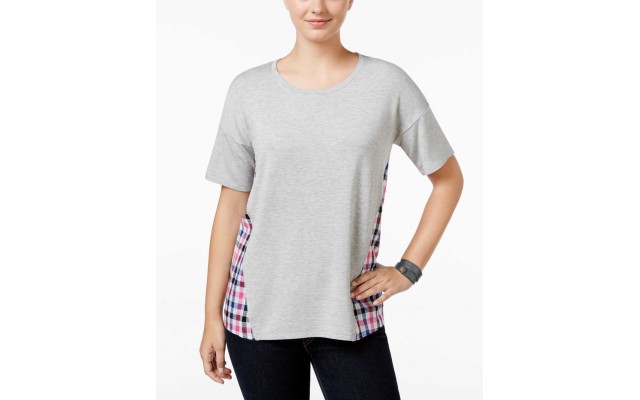 G.H.  & Co. Top Jersey Knit Front Linen Plaid Back Top Gray / Pink, SIZE XS