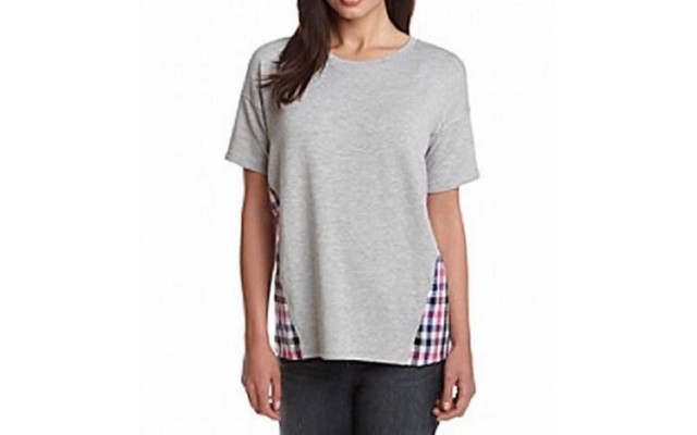  Women's Plaid-Side Scoop Neck Blouse Tops