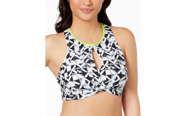  Geo Graphic Content High-Neck Keyhole Top Women’s Swimsuit (Black White, S)