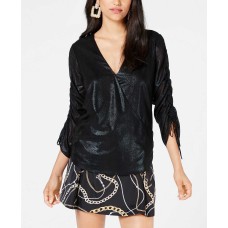 GUESS Metallic Ruched-Sleeve Top (Black, S)