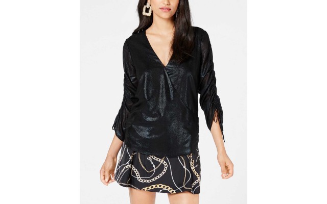  Metallic Ruched-Sleeve Top (Black, S)