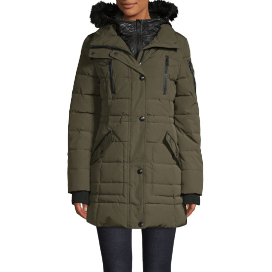  Quilted Bib & Faux Fur-Trimmed Hooded Anorak (Medium, Olive)