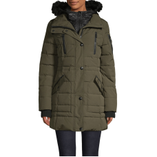 Guess Quilted Bib & Faux Fur-Trimmed Hooded Anorak (Medium, Olive)