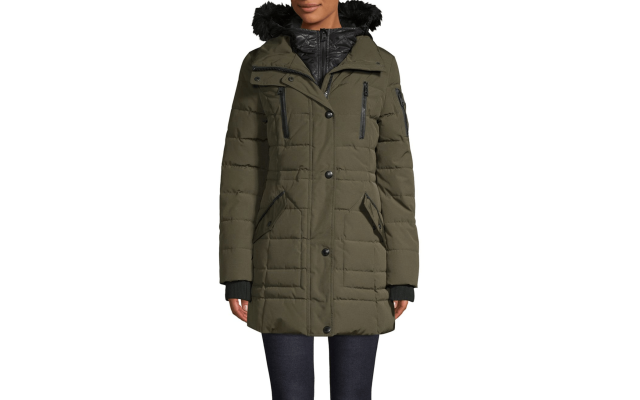  Quilted Bib & Faux Fur-Trimmed Hooded Anorak (Medium, Olive)