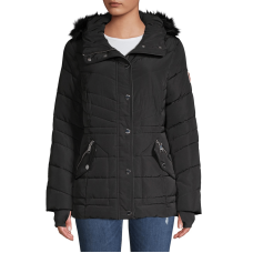Guess Quilted Faux Fur Hooded Jacket (Small, Black)