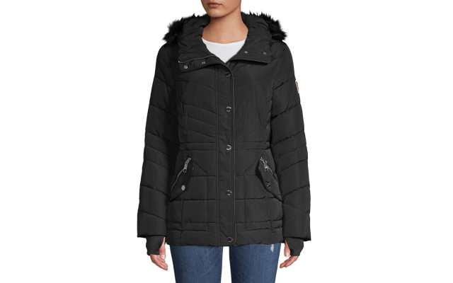  Quilted Faux Fur Hooded Jacket (Small, Black)