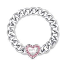 Guess Silver-Tone Crystal Logo Heart Chain Bracelet