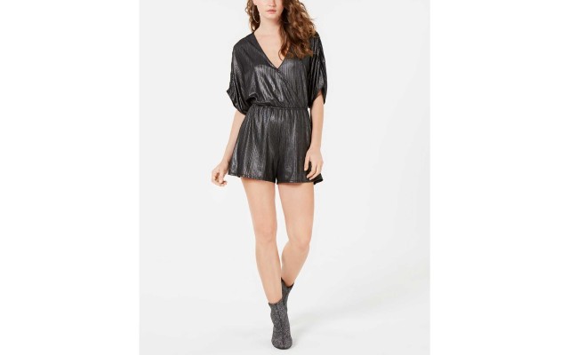  Women's Rivieria Metallic Ruched Rompers, Black, Medium