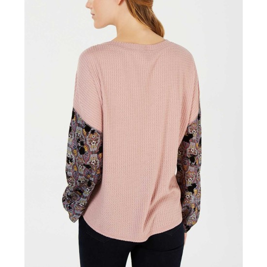 Juniors’ Printed-Sleeve Waffle-Knit Top (Pink, L)
