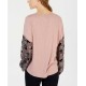  Juniors’ Printed-Sleeve Waffle-Knit Top (Pink, L)