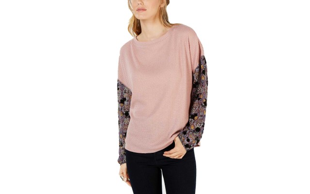  Juniors’ Printed-Sleeve Waffle-Knit Top (Pink, L)