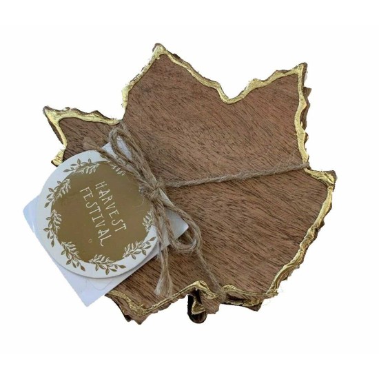  Maple Leaf Wood Coasters Gold Trim Set Of 4