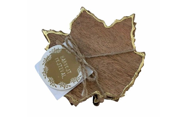  Maple Leaf Wood Coasters Gold Trim Set Of 4