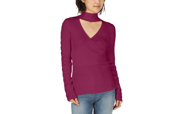  Juniors’ Choker-Neck Ribbed Sweater (Claret Red, XL)
