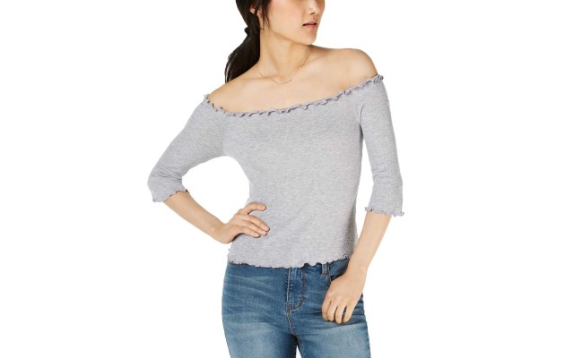  Juniors’ Off-The-Shoulder T-Shirt (Gray, S)
