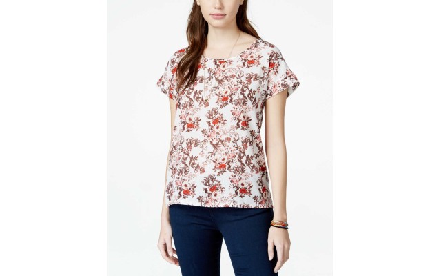  Juniors Short-Sleeve Back-Zip (Ivory Floral, Large)