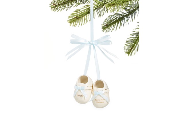  Babys Shoe First Christmas Ornament Porcelain 2018 Blue Ribbon