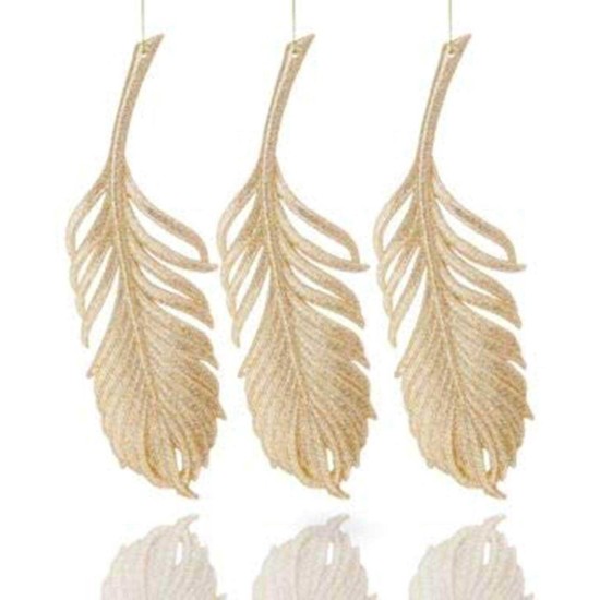  Gold Glitter Feather Ornament Set of 3