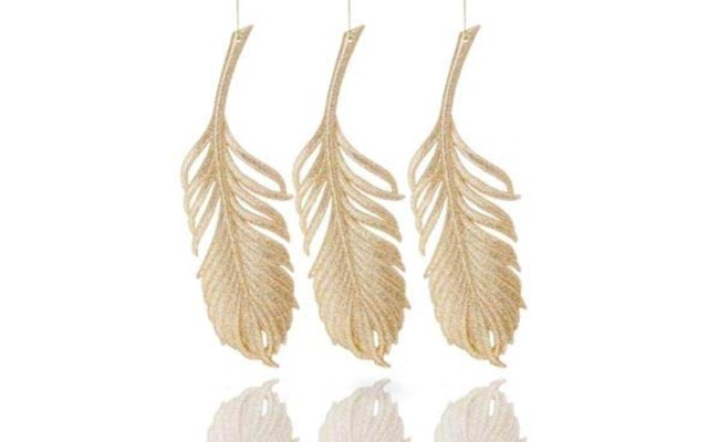  Gold Glitter Feather Ornament Set of 3