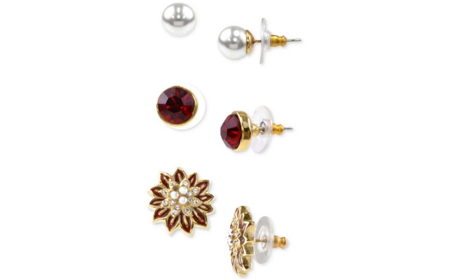 Holiday Lane Gold-Tone 3-Pc. Set Multi-Stone Stud Earrings – Gold
