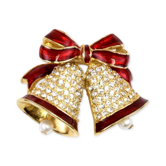  Gold-Tone Pave & Imitation Pearl Bells Brooch – Gold