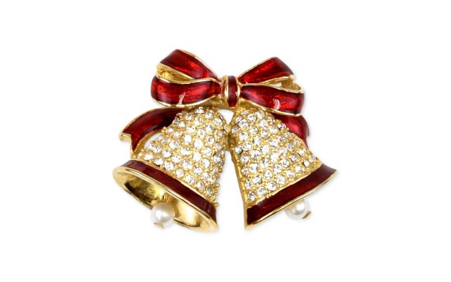  Gold-Tone Pave & Imitation Pearl Bells Brooch – Gold