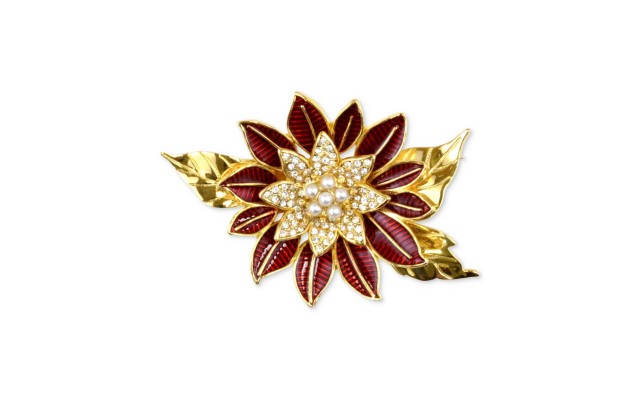  Gold-Tone Pave & Imitation Pearl Poinsettia Brooch – Gold