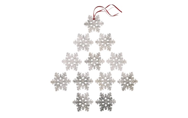  Set Of 12 Silver Glitter Snowflake Ornaments