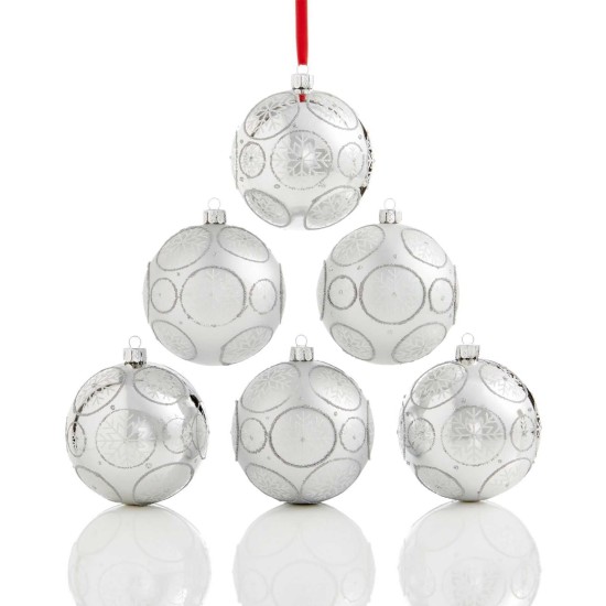  Set Of 6 Shatterproof Silver-Tone Snowflake Ball Ornaments