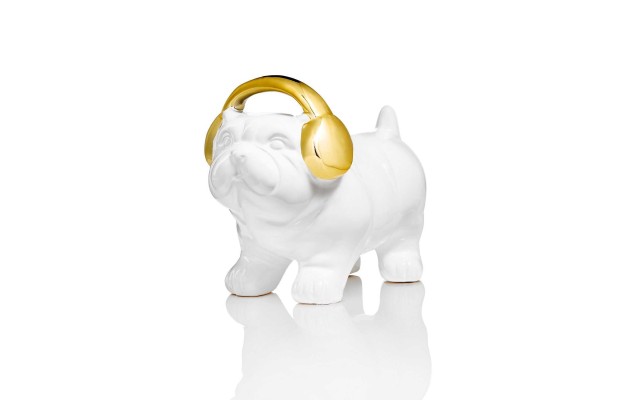 White Bulldog with Gold Headphones Figurine
