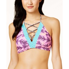 Hula Honey Leaf Breeze Lace-up Halter High-Neck Top Women’s Swimsuit (Pink, L)