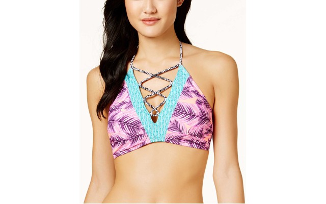  Leaf Breeze Lace-up Halter High-Neck Top Women’s Swimsuit (Pink, L)