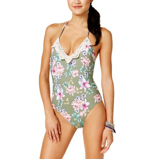  Womens Tropic Romance Floral-Print Halter One-Piece Swimsuit (Olive, S)