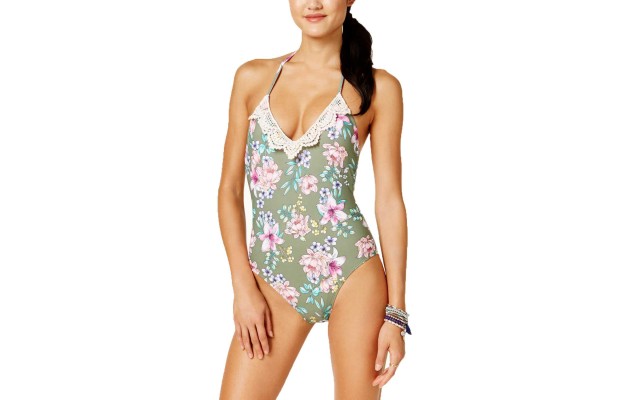  Womens Tropic Romance Floral-Print Halter One-Piece Swimsuit (Olive, S)