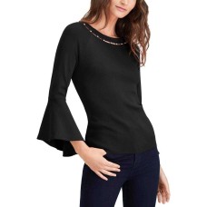 INC International Concepts Bead-Neck Bell-Sleeve Top (Deep Black, M)