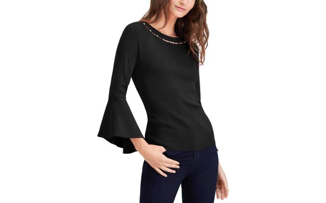  Bead-Neck Bell-Sleeve Top (Deep Black, M)