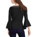 Bead-Neck Bell-Sleeve Top (Deep Black, M)