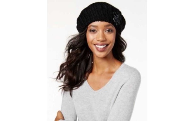  Crochet Flower Beret (Black, One Size)