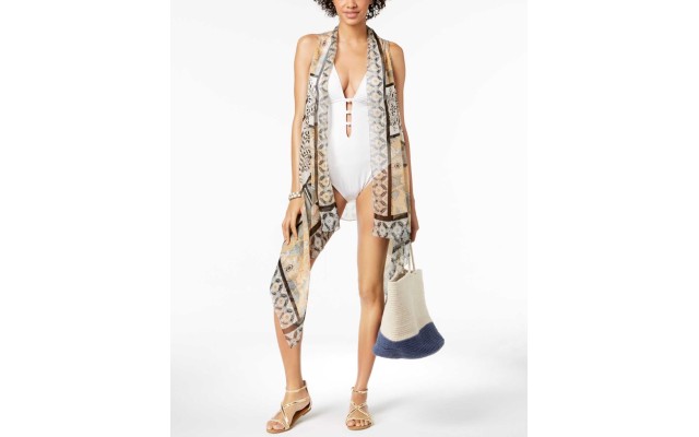  Drape-Front Printed Cover-Up & Vest (White)