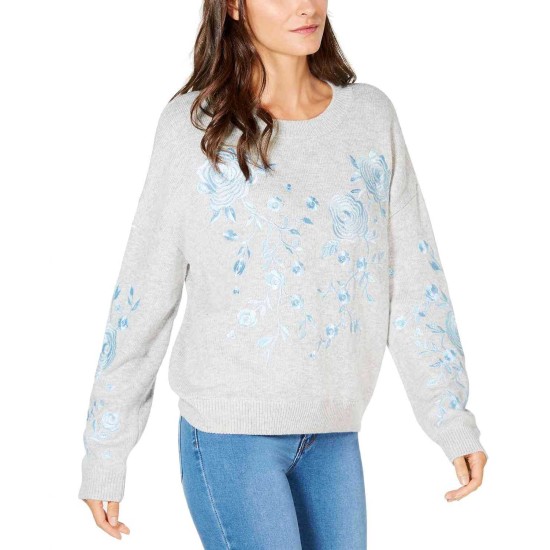  Embroidered Crew-Neck Sweater (M, Heather Belle Grey)
