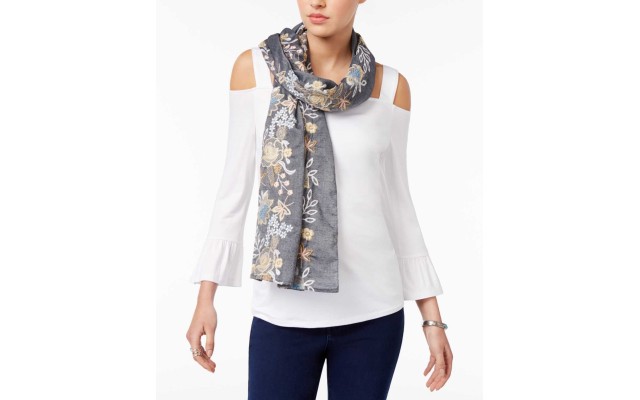  Embroidered Floral Scarf –  Black – One Size