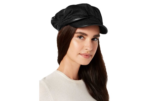  Flannel & Faux-Leather Newsboy Cap (Black)