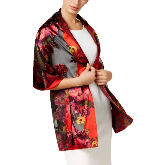  Floral Satin Burnout Wrap (Red, One Size)