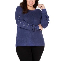 INC International Concepts Grommet-Sleeve Lace-Up Sweater (Navy, 3X Plus)