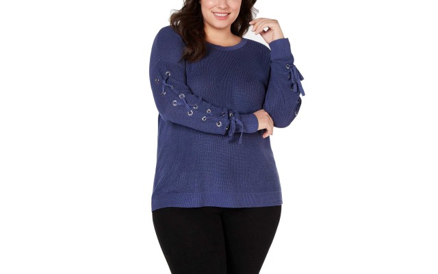  Grommet-Sleeve Lace-Up Sweater (Navy, 3X Plus)