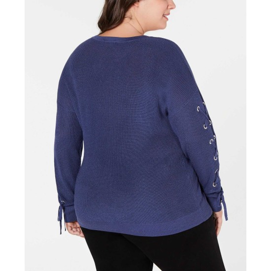  Grommet-Sleeve Lace-Up Sweater (Navy, 3X Plus)