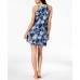  Lace-Neck Rose-Print Chemise Nightgown (Navy, L)