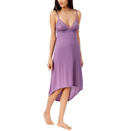  Lace-Neckline Ribbed Chemise Nightgown (Purple, M)
