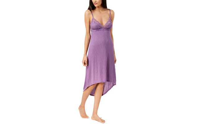  Lace-Neckline Ribbed Chemise Nightgown (Purple, M)