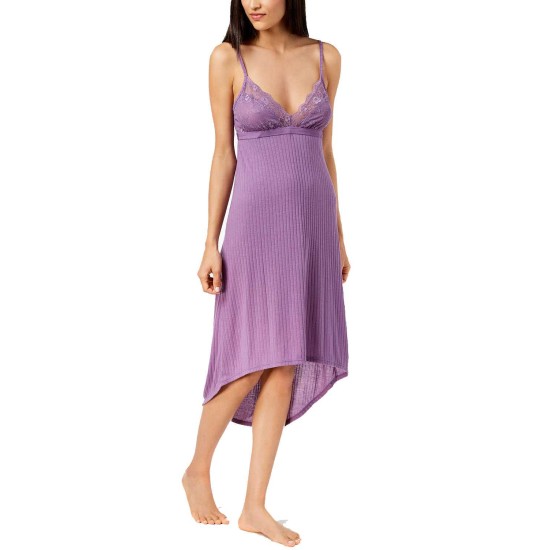  Lace-Neckline Ribbed Chemise Nightgown (Purple, S)